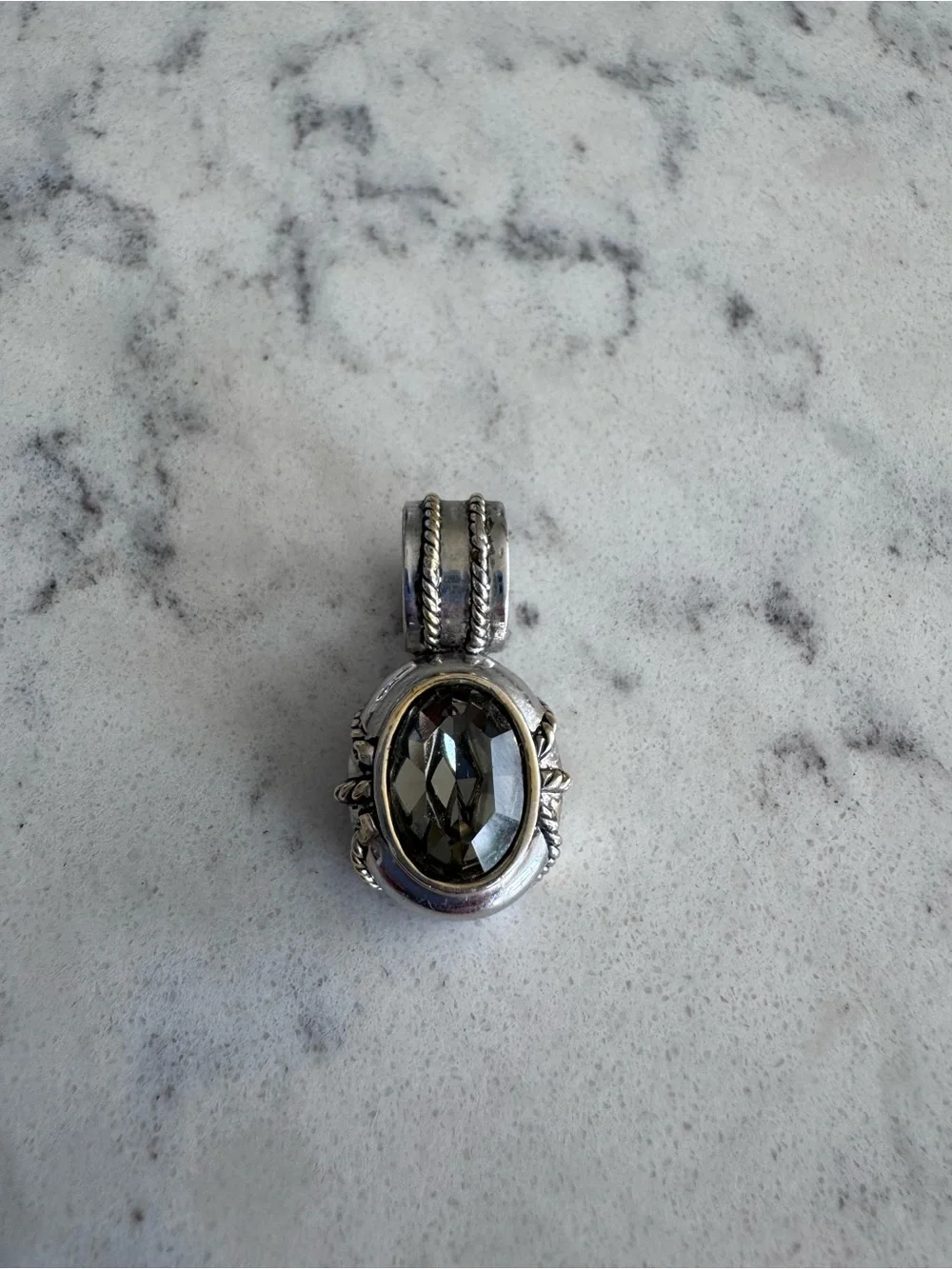 Vintage! Large Silver-Tone Pendant with Faceted Green Crystal and Cable Braids